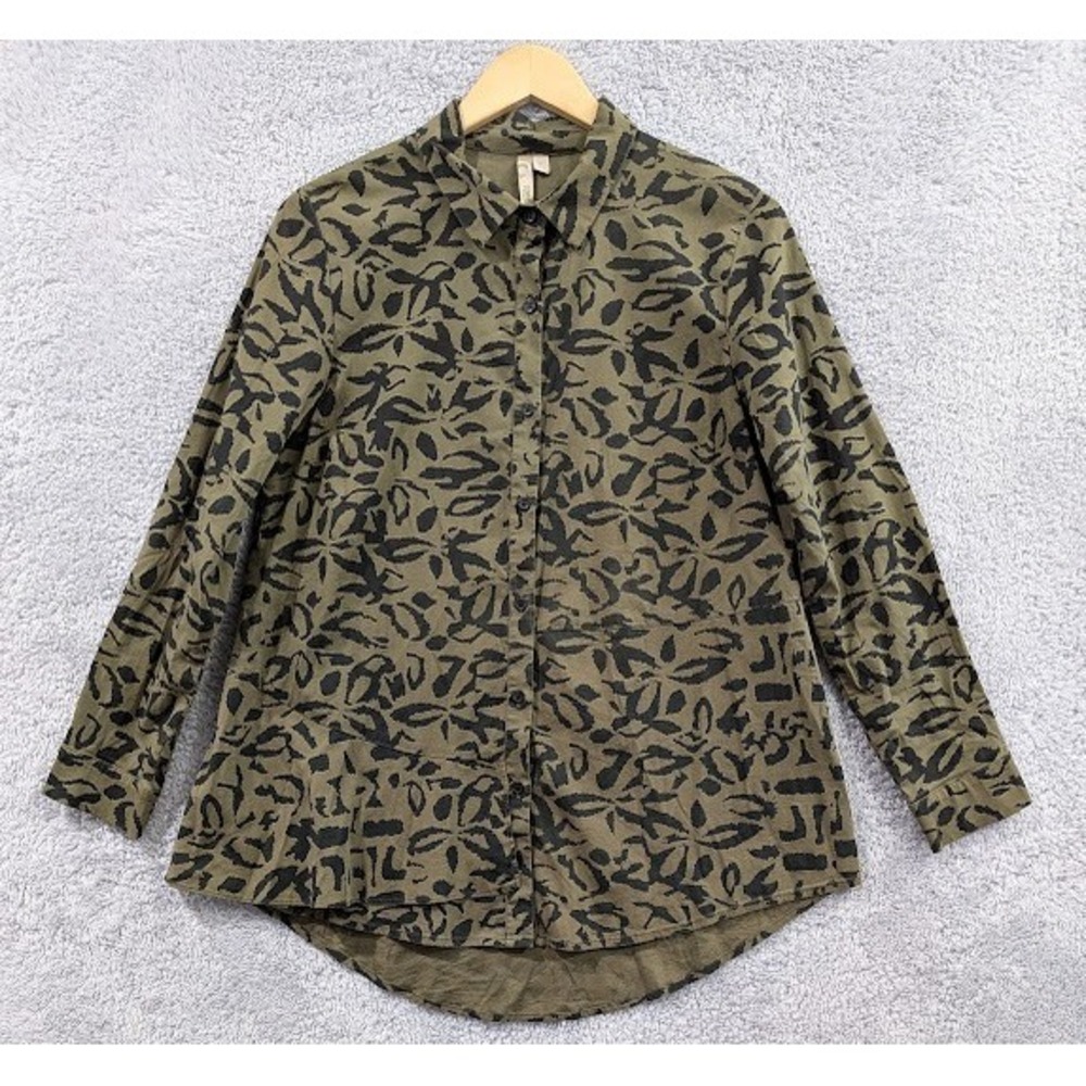 Comfy USA Tunic Top Womens Medium Olive Green Abstract Leaf Button Down USA Made